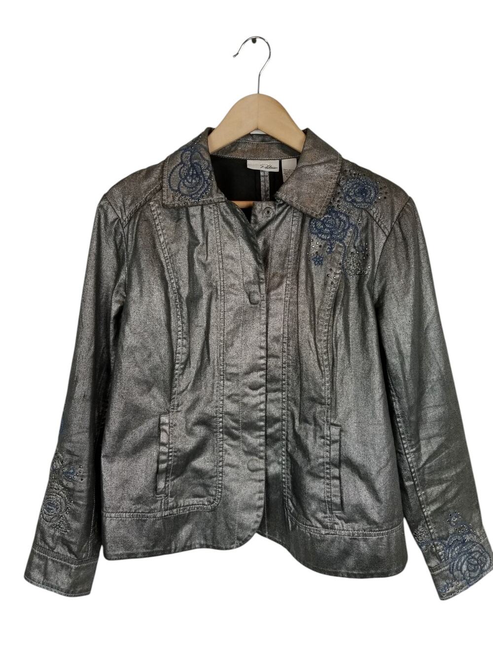 Chico's Platinum Silver Black Blue Metallic Embroidered Denim Jean Jacket Large